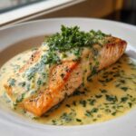 A perfectly cooked fillet of Garlic Butter Salmon with Creamy Lemon Sauce, topped with fresh parsley.