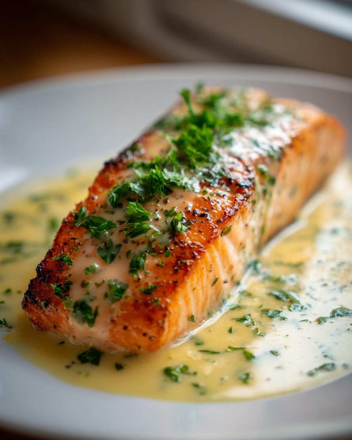 Close-up of a perfectly cooked Garlic Butter Salmon with Creamy Lemon Sauce, topped with fresh parsley.