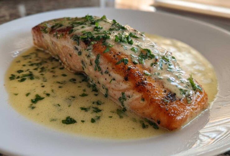 A perfectly cooked fillet of Garlic Butter Salmon with Creamy Lemon Sauce, topped with fresh parsley.