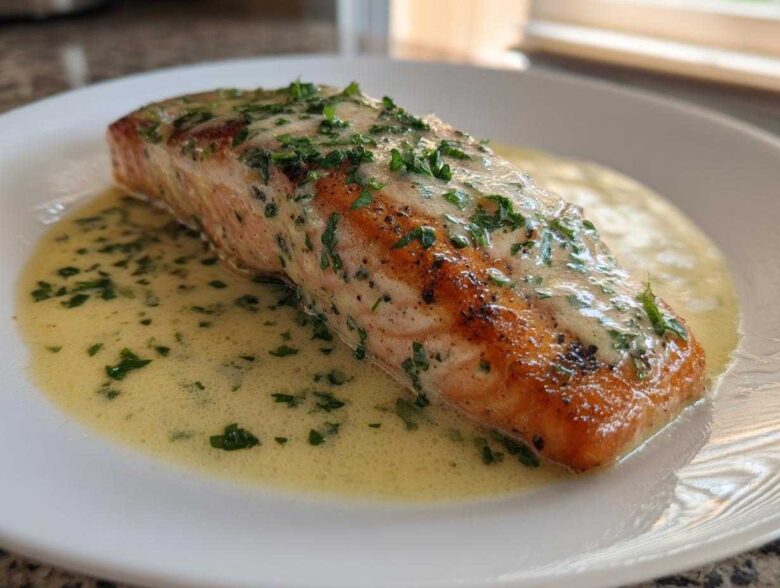 A perfectly cooked fillet of Garlic Butter Salmon with Creamy Lemon Sauce, topped with fresh parsley.