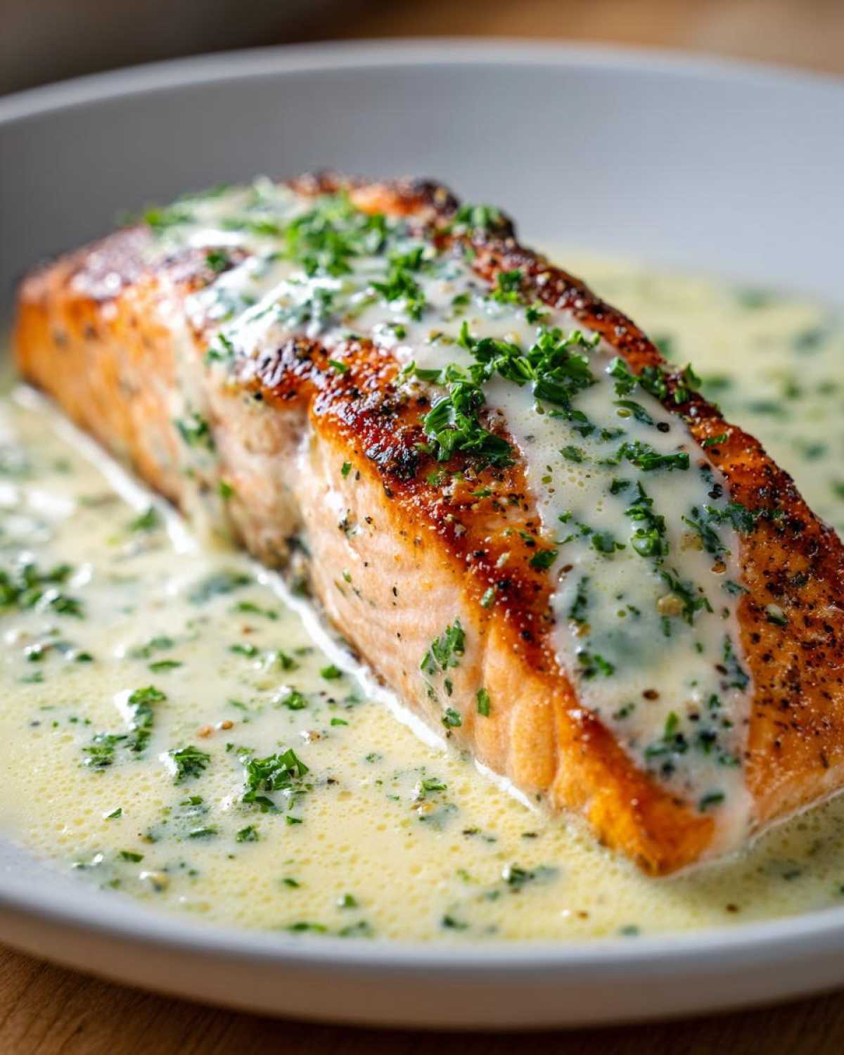 A perfectly seared fillet of Garlic Butter Salmon resting in a pool of creamy lemon sauce, topped with fresh parsley.