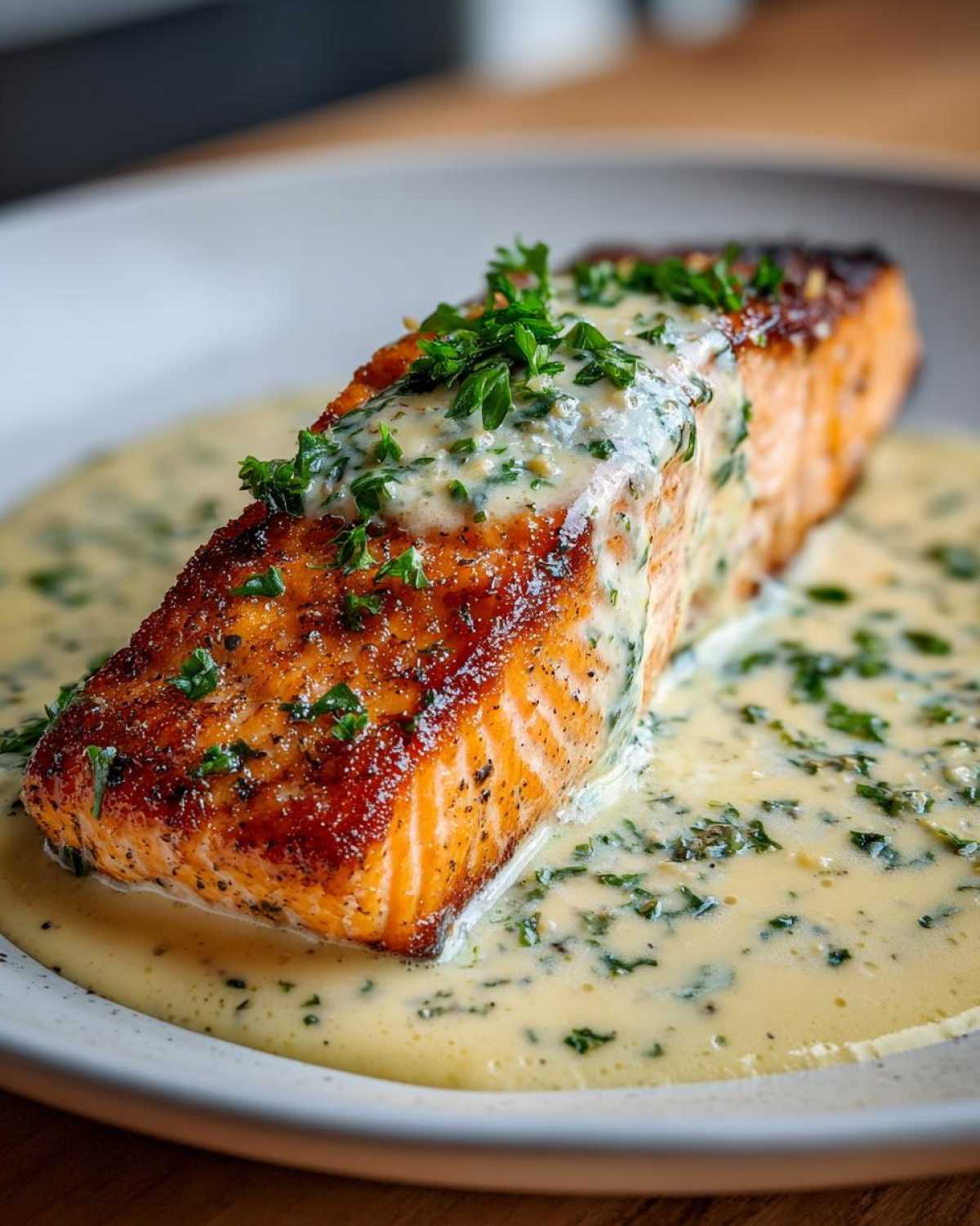 Close-up of a seared fillet of Garlic Butter Salmon with Creamy Lemon Sauce, garnished with parsley.