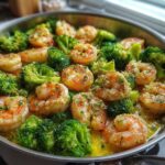 Close-up of plump shrimp and bright green broccoli florets simmering in a rich garlic butter sauce in a stainless steel skillet.