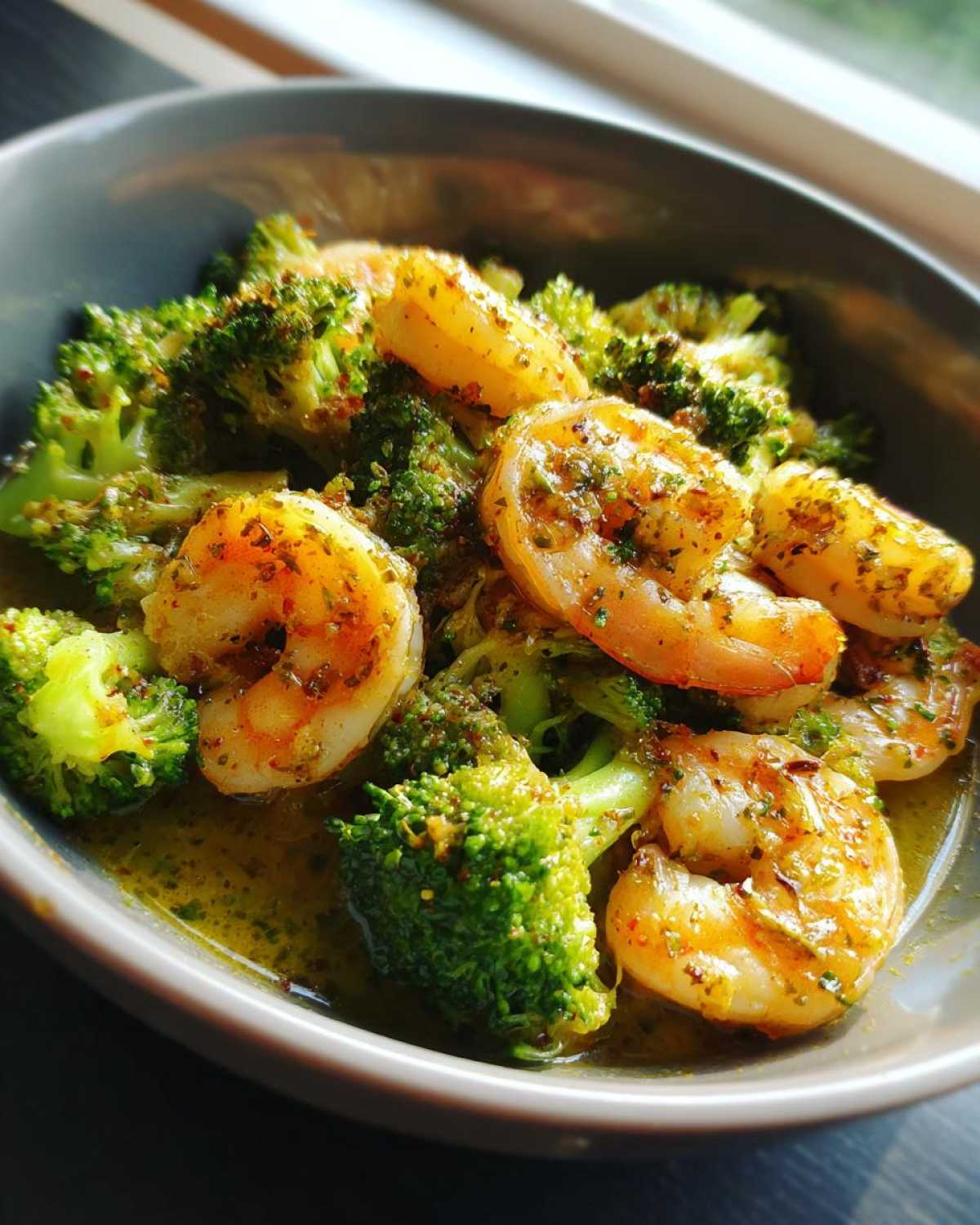 Close-up of Garlic Butter Shrimp and Broccoli Skillet served in a grey bowl with rich garlic butter sauce.