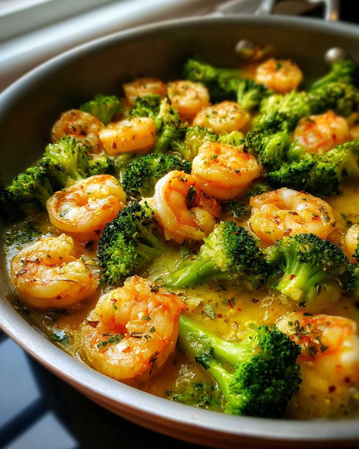 Close-up of vibrant Garlic Butter Shrimp and Broccoli Skillet cooking in a pan with rich garlic butter sauce.