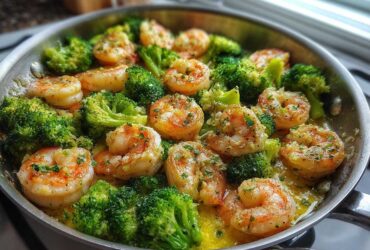 Close-up of plump shrimp and bright green broccoli florets simmering in a rich garlic butter sauce in a stainless steel skillet.