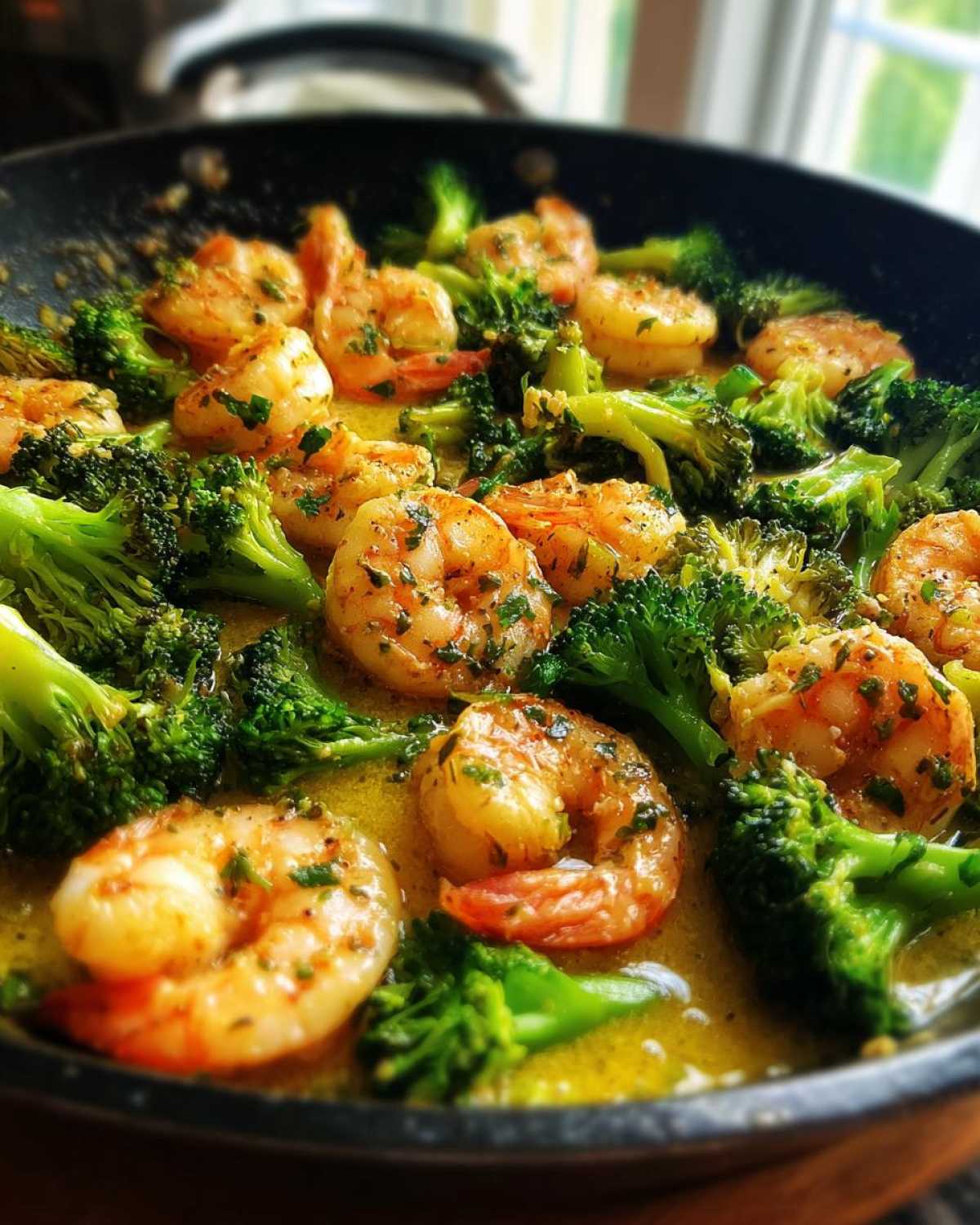 Close-up of plump shrimp and bright green broccoli florets simmering in a rich garlic butter sauce in a black skillet.