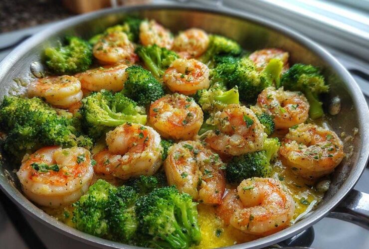 Close-up of plump shrimp and bright green broccoli florets simmering in a rich garlic butter sauce in a stainless steel skillet.