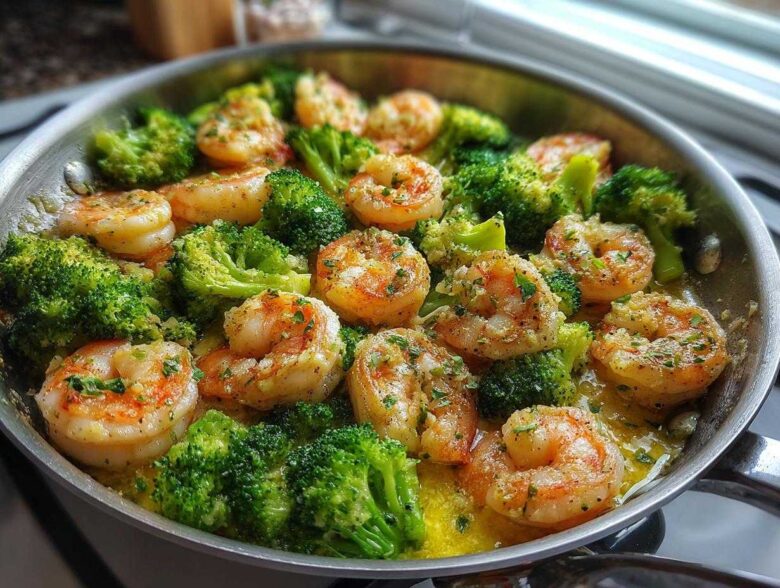 Close-up of plump shrimp and bright green broccoli florets simmering in a rich garlic butter sauce in a stainless steel skillet.
