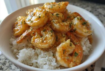 Close-up of a white bowl filled with white rice topped generously with juicy Garlic Butter Shrimp Bowl with Rice.