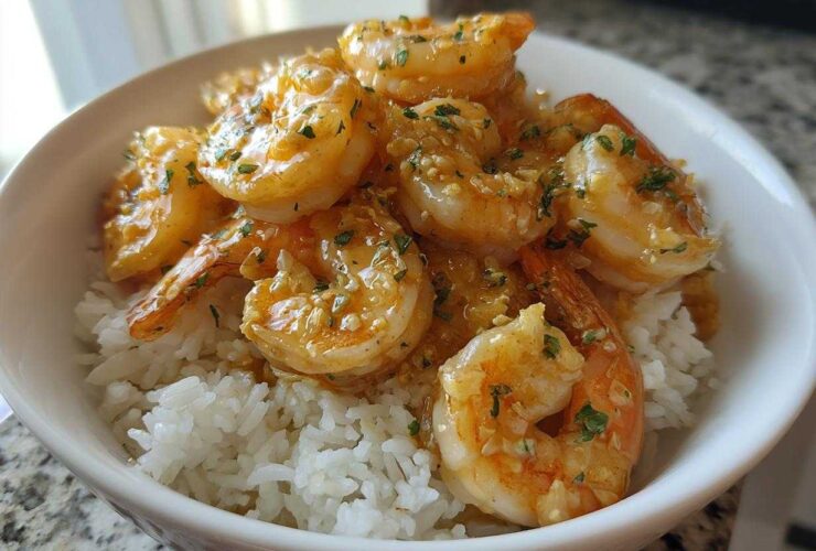 Close-up of a white bowl filled with white rice topped generously with juicy Garlic Butter Shrimp Bowl with Rice.