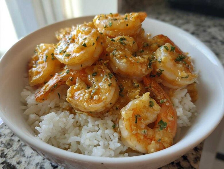 Close-up of a white bowl filled with white rice topped generously with juicy Garlic Butter Shrimp Bowl with Rice.