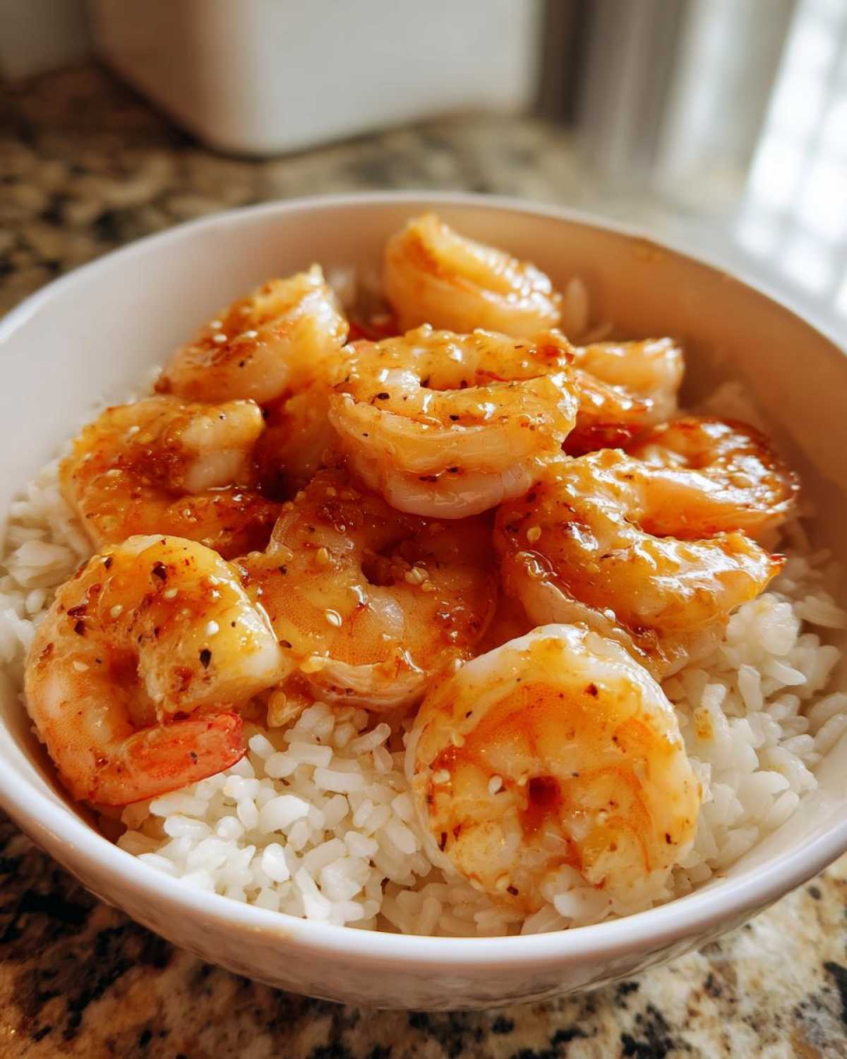 Close-up of a white bowl filled with white rice topped generously with seasoned Garlic Butter Shrimp.