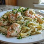 A close-up of Garlic Butter Shrimp Pasta with Cream Sauce, topped with fresh parsley and grated cheese.