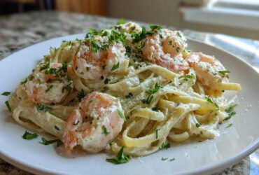 A close-up of Garlic Butter Shrimp Pasta with Cream Sauce, topped with fresh parsley and grated cheese.