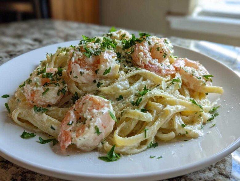 A close-up of Garlic Butter Shrimp Pasta with Cream Sauce, topped with fresh parsley and grated cheese.