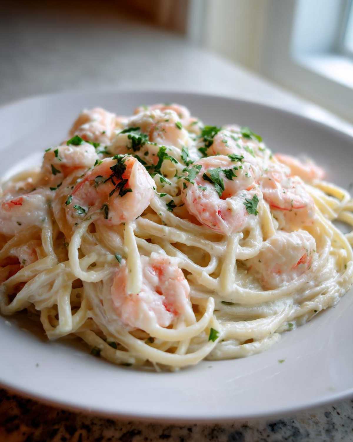 A close-up of a white plate filled with Garlic Butter Shrimp Pasta with Cream Sauce, topped with pink shrimp and fresh parsley.