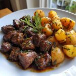 A plate of juicy Garlic Butter Steak Bites served alongside golden crispy potatoes, garnished with rosemary.