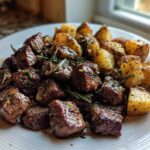 A white plate featuring juicy Garlic Butter Steak Bites mixed with crispy roasted potatoes and fresh rosemary.
