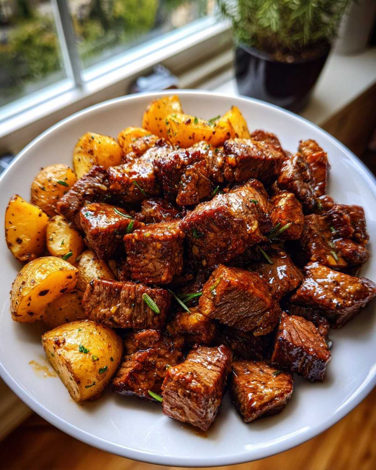 A white bowl filled with glistening Garlic Butter Steak Bites and golden crispy potatoes, garnished with rosemary.