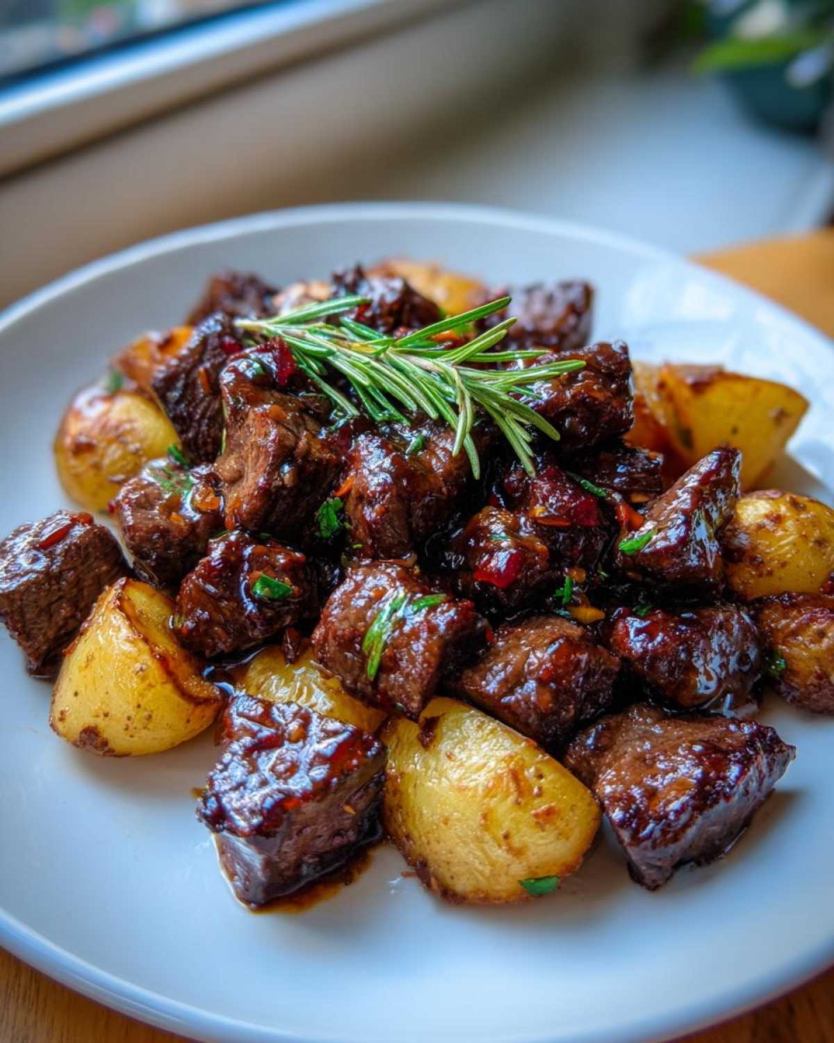 A plate of glossy Garlic Butter Steak Bites mixed with golden crispy potatoes, garnished with fresh rosemary.
