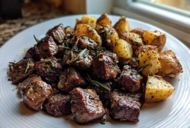 A white plate featuring juicy Garlic Butter Steak Bites mixed with crispy roasted potatoes and fresh rosemary.