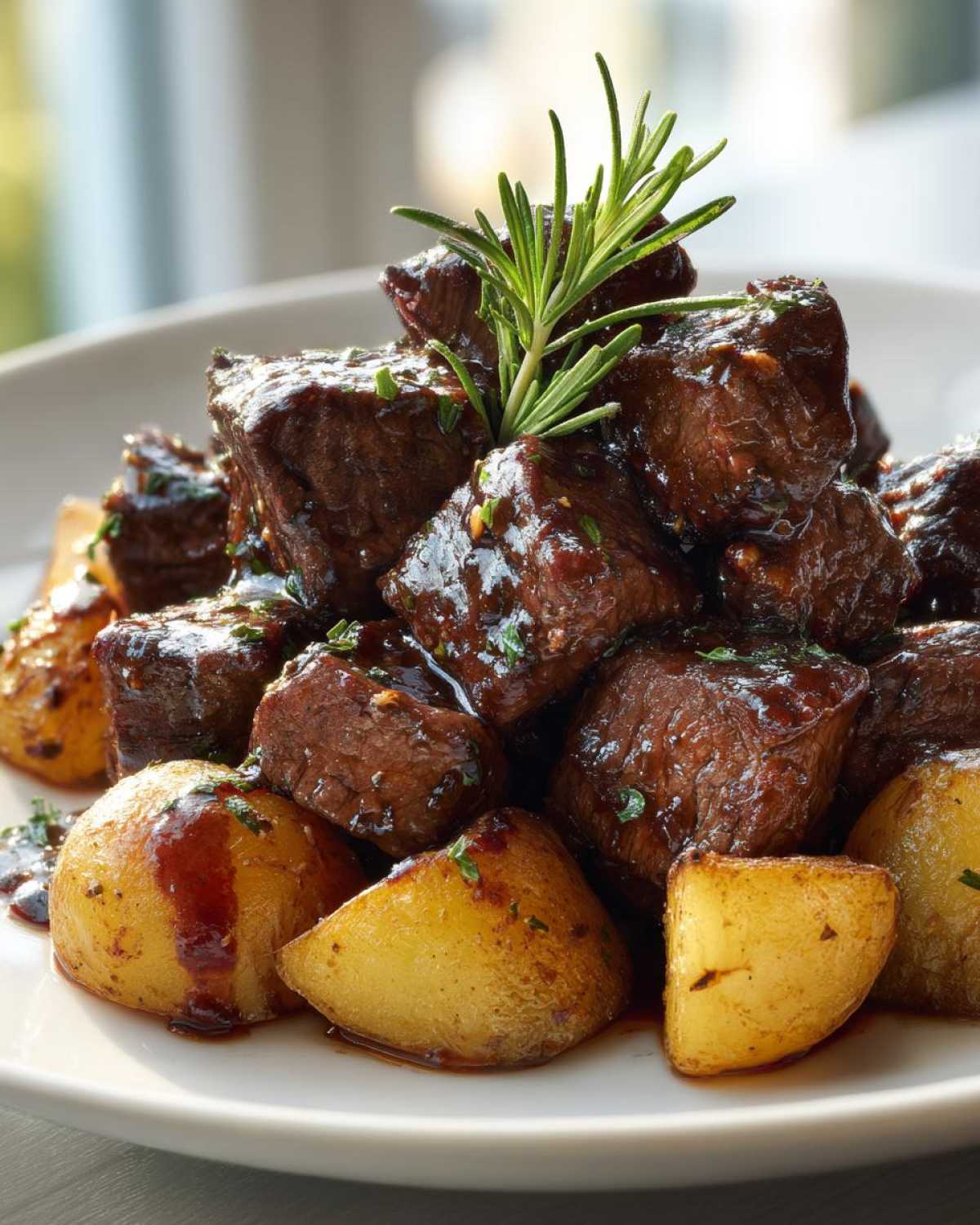 Close-up of juicy Garlic Butter Steak Bites piled high with crispy roasted potatoes, garnished with rosemary.