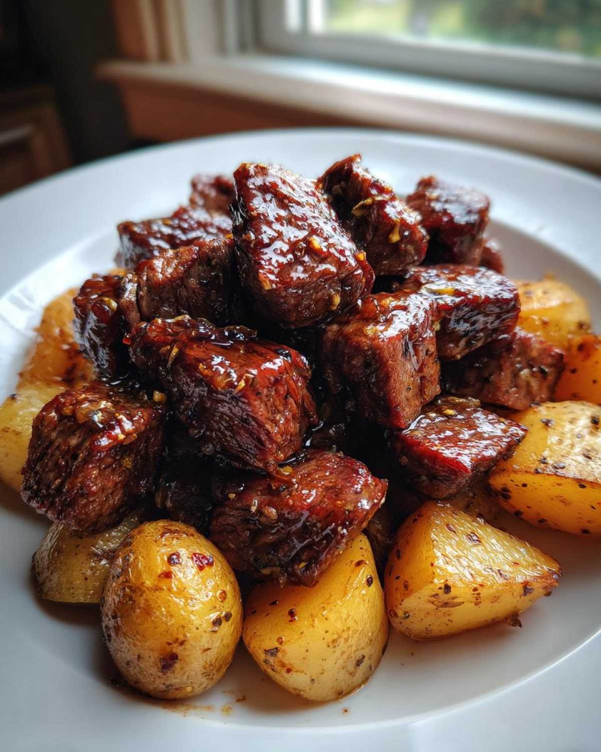 A close-up of glossy Garlic Butter Steak Bites piled on top of golden, crispy potatoes on a white plate.