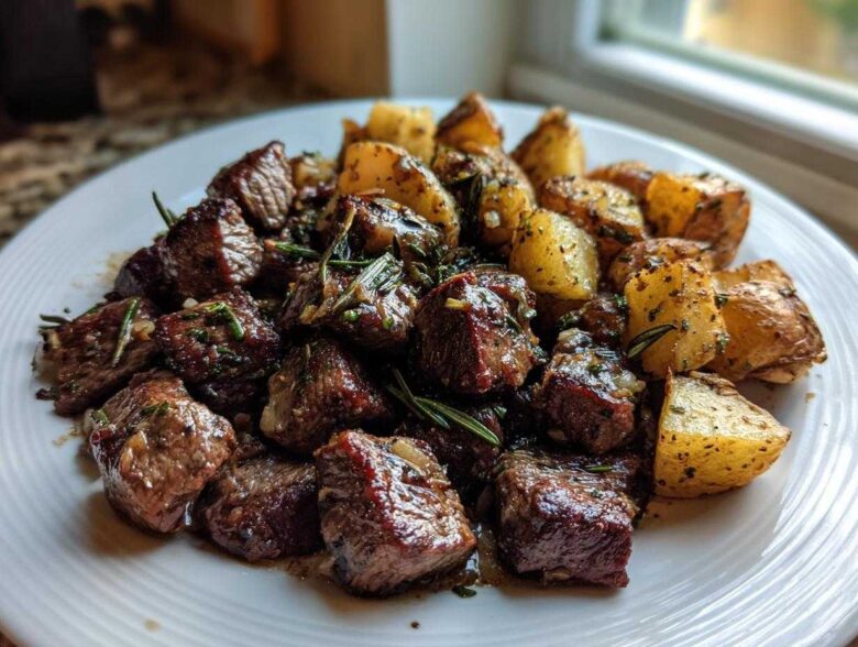 A white plate featuring juicy Garlic Butter Steak Bites mixed with crispy roasted potatoes and fresh rosemary.