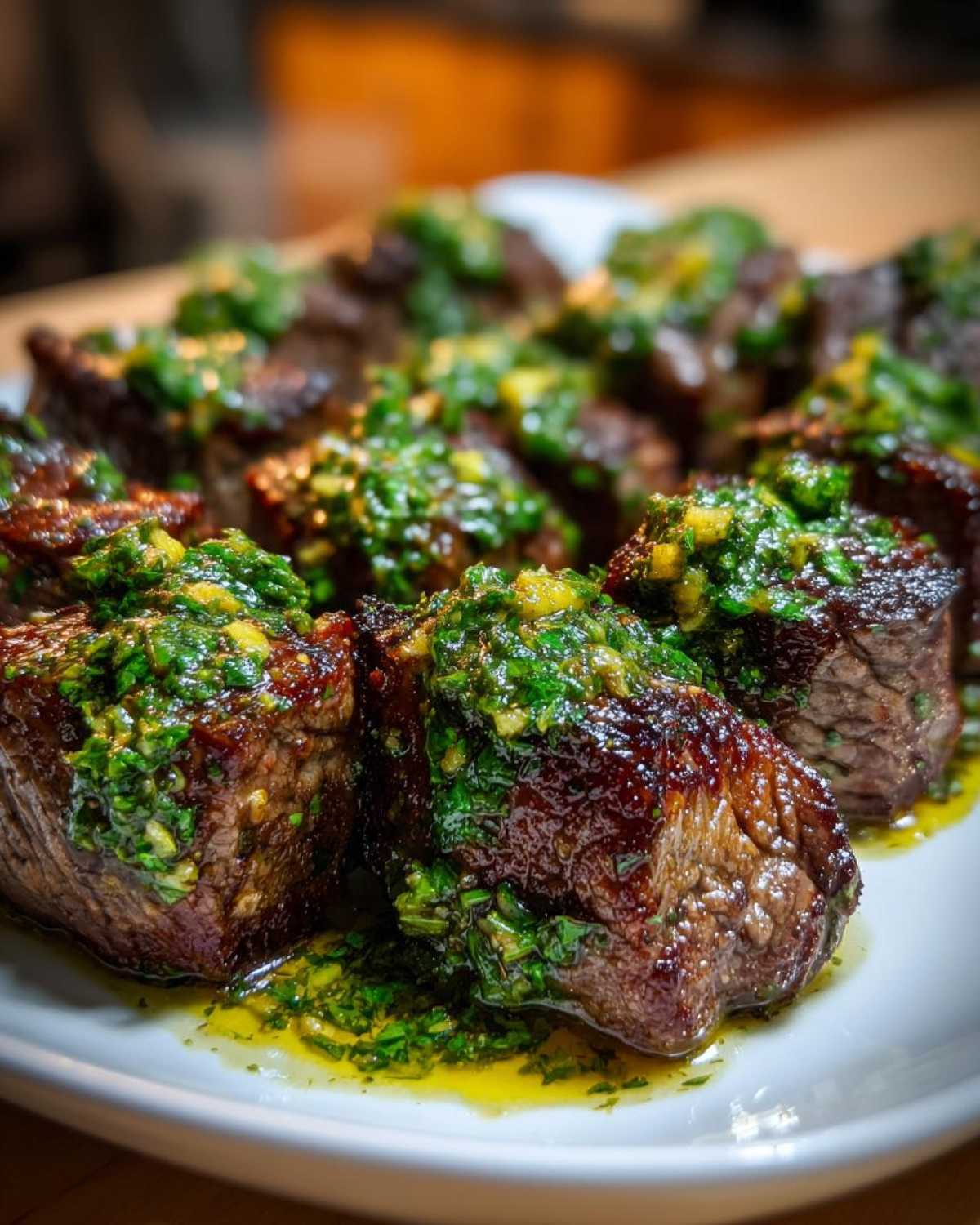 Close-up of juicy Garlic Butter Steak Bites topped generously with a bright green herb sauce.