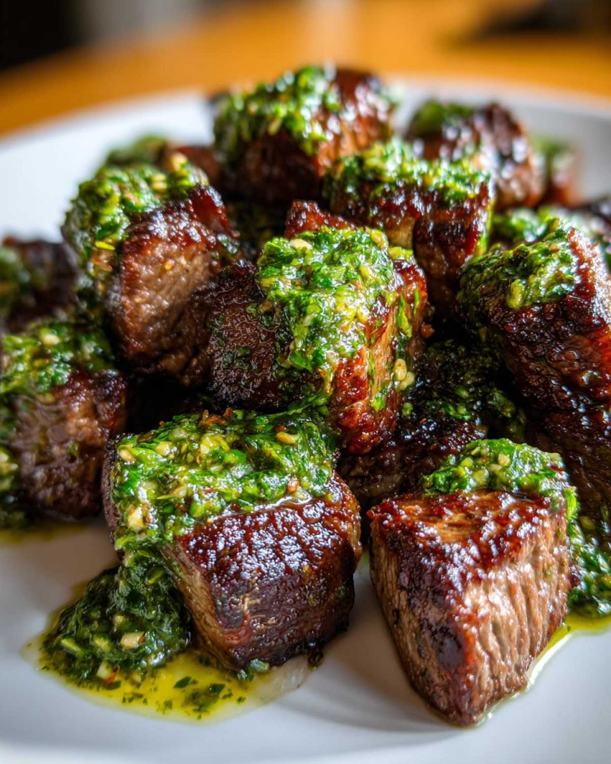 A close-up of seared Garlic Butter Steak Bites generously topped with a vibrant green herb sauce on a white plate.
