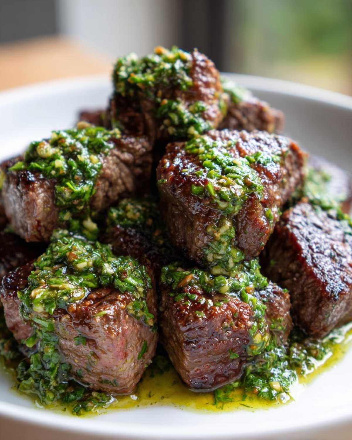 Close-up of juicy Garlic Butter Steak Bites generously topped with a vibrant green herb sauce.