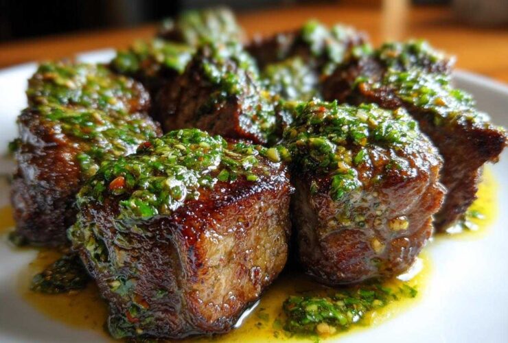 Close-up of perfectly seared Garlic Butter Steak Bites generously topped with a vibrant green herb sauce.