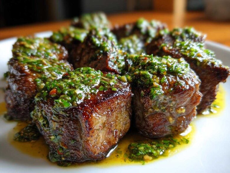 Close-up of perfectly seared Garlic Butter Steak Bites generously topped with a vibrant green herb sauce.