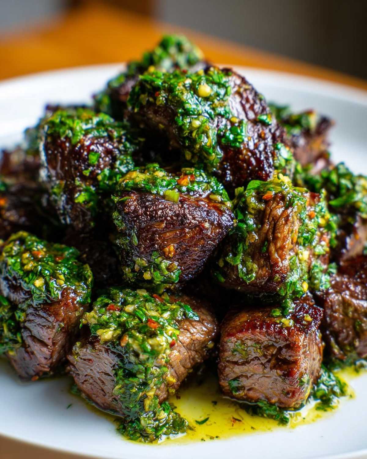 Close-up of perfectly seared Garlic Butter Steak Bites generously topped with bright green herb sauce.