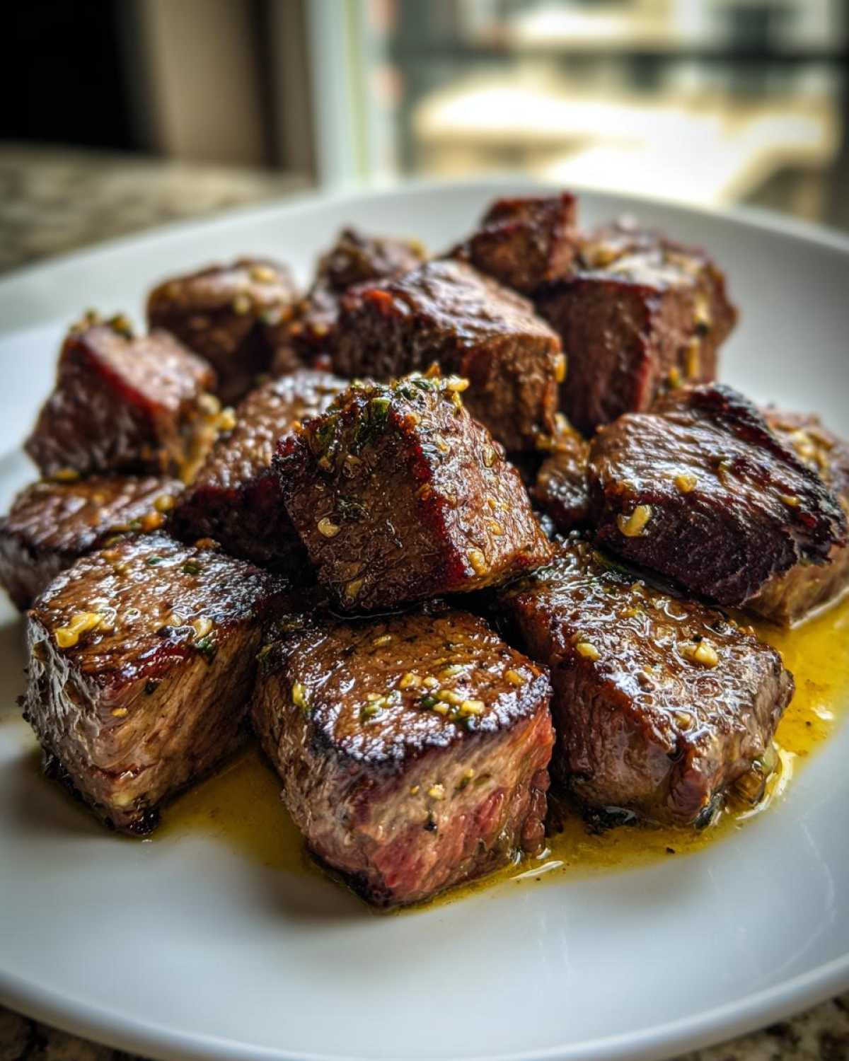 A pile of perfectly seared Garlic Butter Steak Bites glistening in savory sauce on a white plate.
