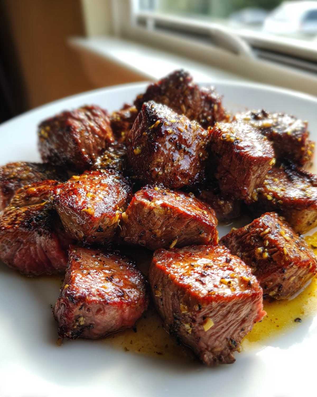 Close-up of perfectly cooked Garlic Butter Steak Bites, showing a juicy center and glistening garlic butter sauce.