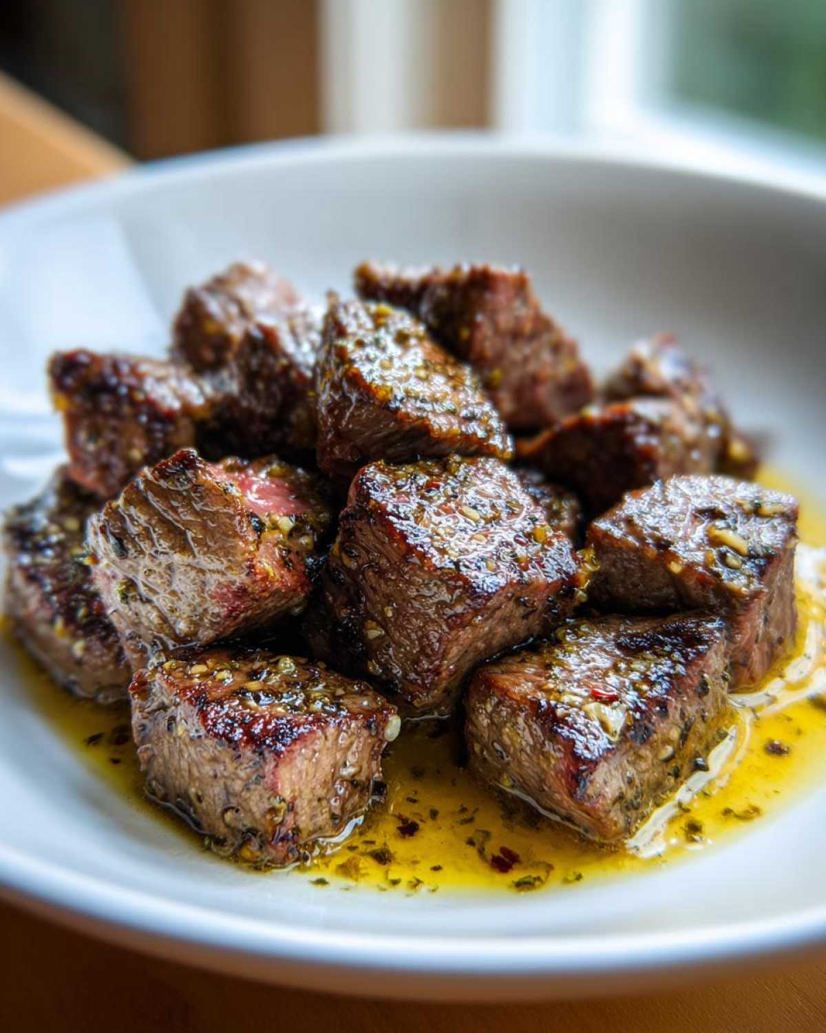 Close-up of seared Garlic Butter Steak Bites with a juicy center, resting in a pool of melted garlic butter sauce.