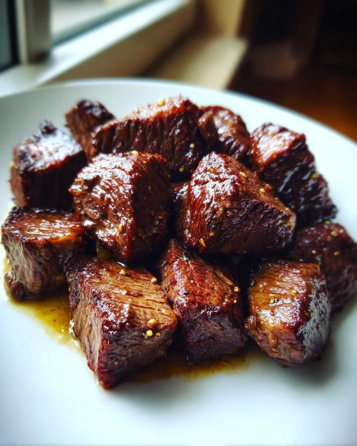 A pile of perfectly cooked Garlic Butter Steak Bites, glistening with sauce and seasoning, served on a white plate.