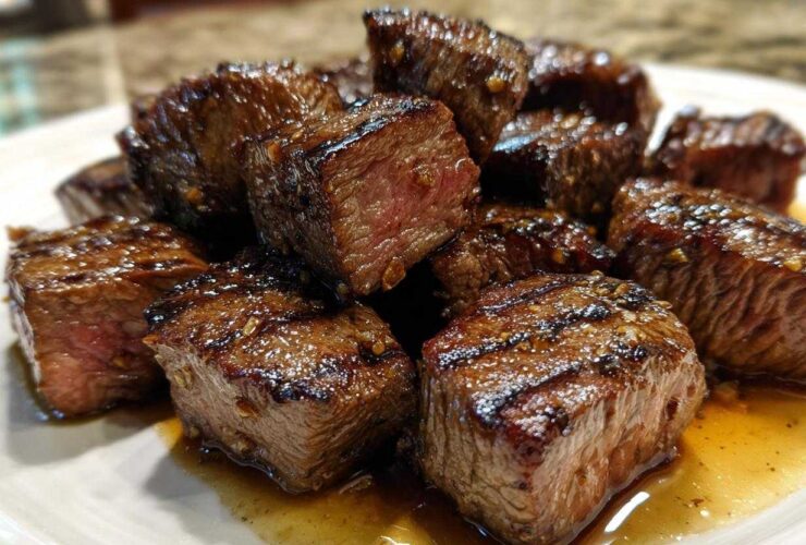Close-up of perfectly cooked Garlic Butter Steak Bites showing a juicy, medium-rare center.
