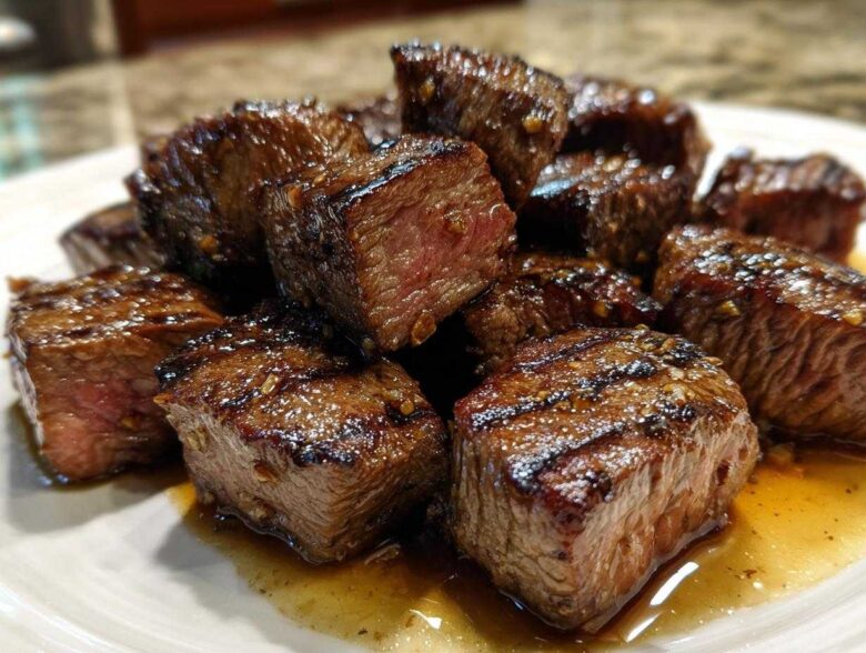 Close-up of perfectly cooked Garlic Butter Steak Bites showing a juicy, medium-rare center.