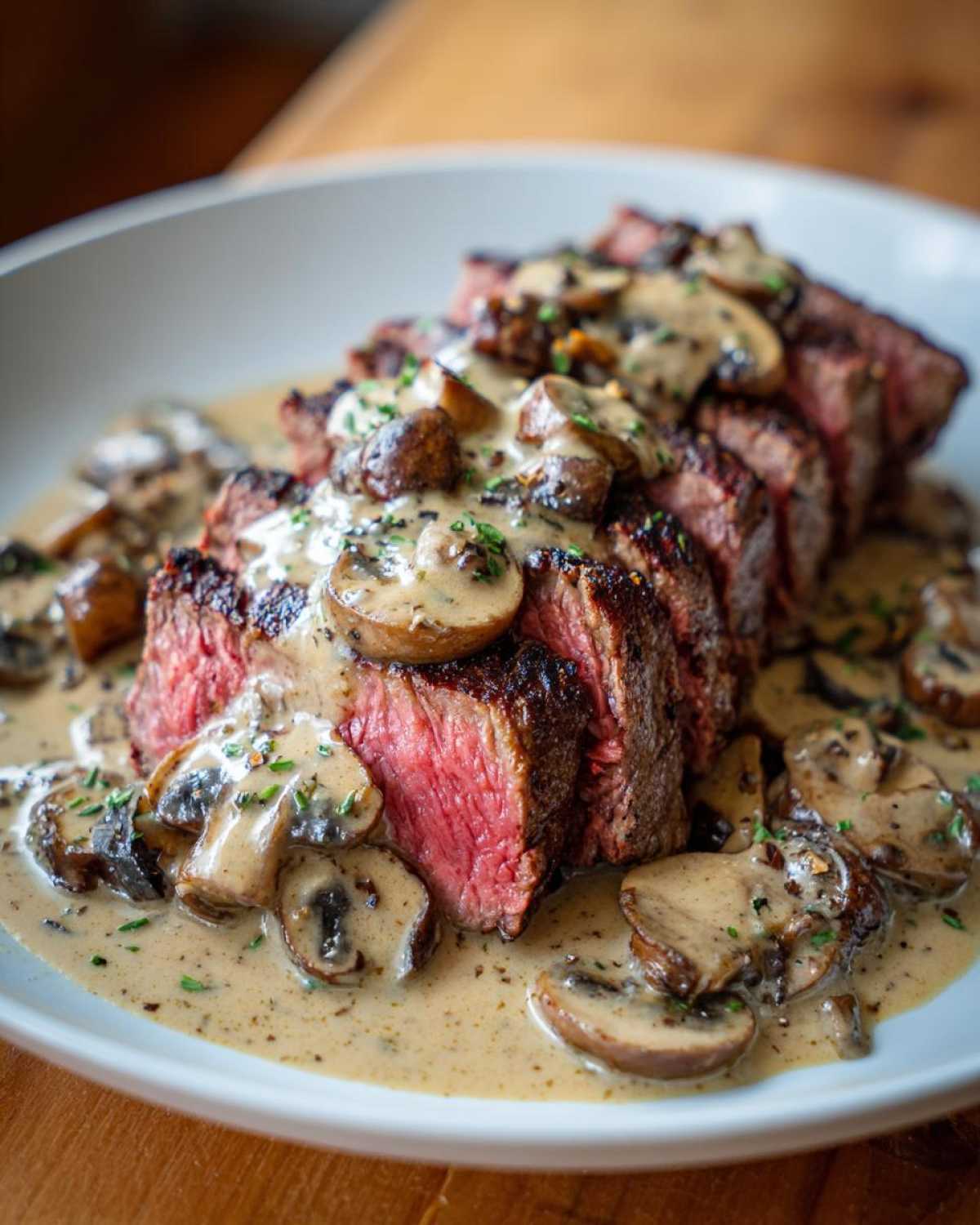 Perfectly cooked, sliced steak covered in a rich, creamy mushroom sauce, highlighting the Garlic Butter Steak.