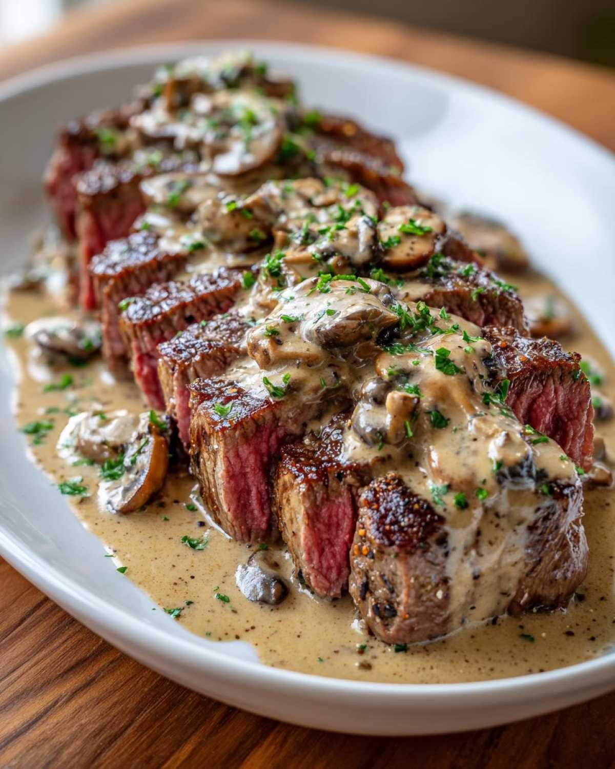 Perfectly cooked, sliced steak smothered in creamy mushroom sauce, highlighting the Garlic Butter Steak.