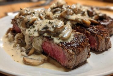 Two perfectly cooked steaks topped generously with creamy mushroom sauce, showcasing a medium-rare center of the Garlic Butter Steak.