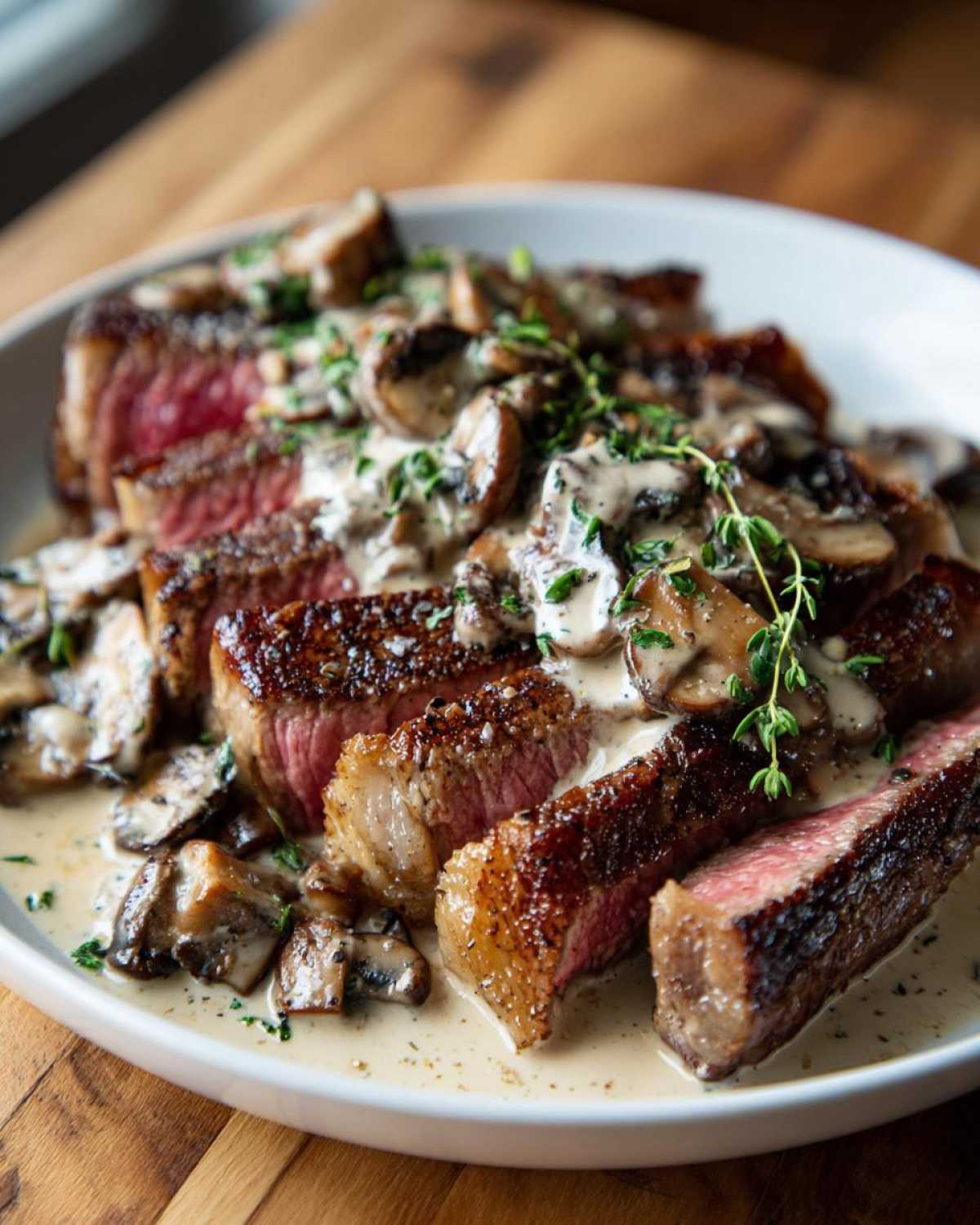 Slices of perfectly cooked steak covered in creamy mushroom sauce, showcasing the Garlic Butter Steak with Creamy Mushroom Sauce.