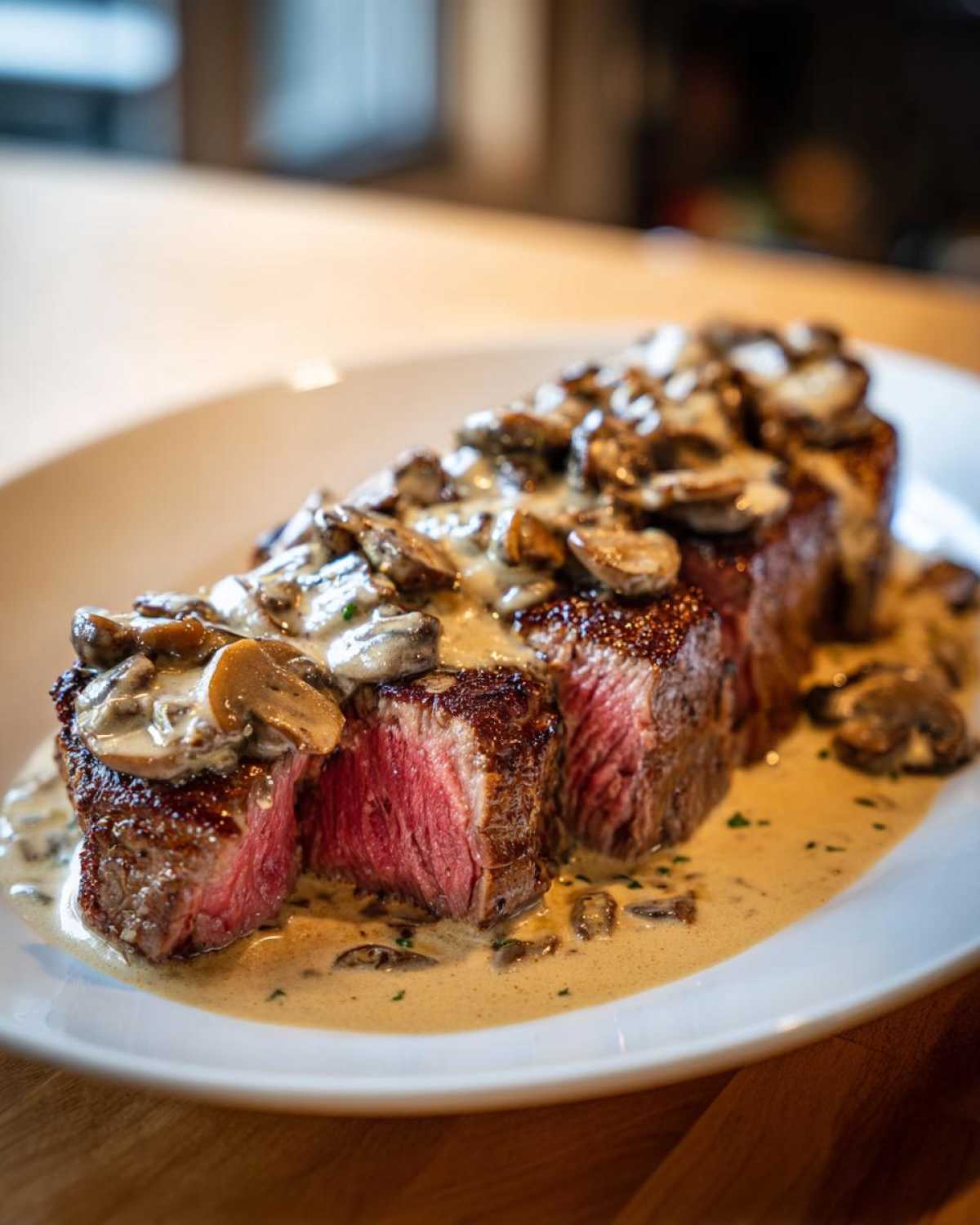 Close-up of a perfectly cooked steak sliced open, topped with creamy mushroom sauce, related to Garlic Butter Steak.