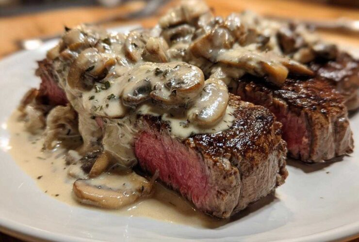 Two perfectly cooked steaks topped generously with creamy mushroom sauce, showcasing a medium-rare center of the Garlic Butter Steak.