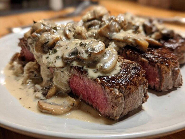 Two perfectly cooked steaks topped generously with creamy mushroom sauce, showcasing a medium-rare center of the Garlic Butter Steak.
