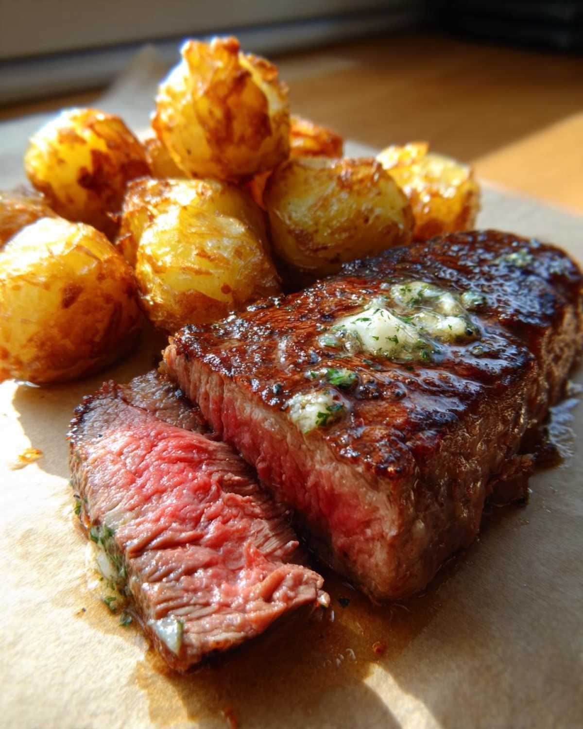 Close-up of a perfectly cooked Garlic Butter Steak, sliced to show medium-rare interior, next to golden crispy potatoes.