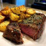 A perfectly cooked Garlic Butter Steak with Crispy Potatoes, showing a medium-rare center.